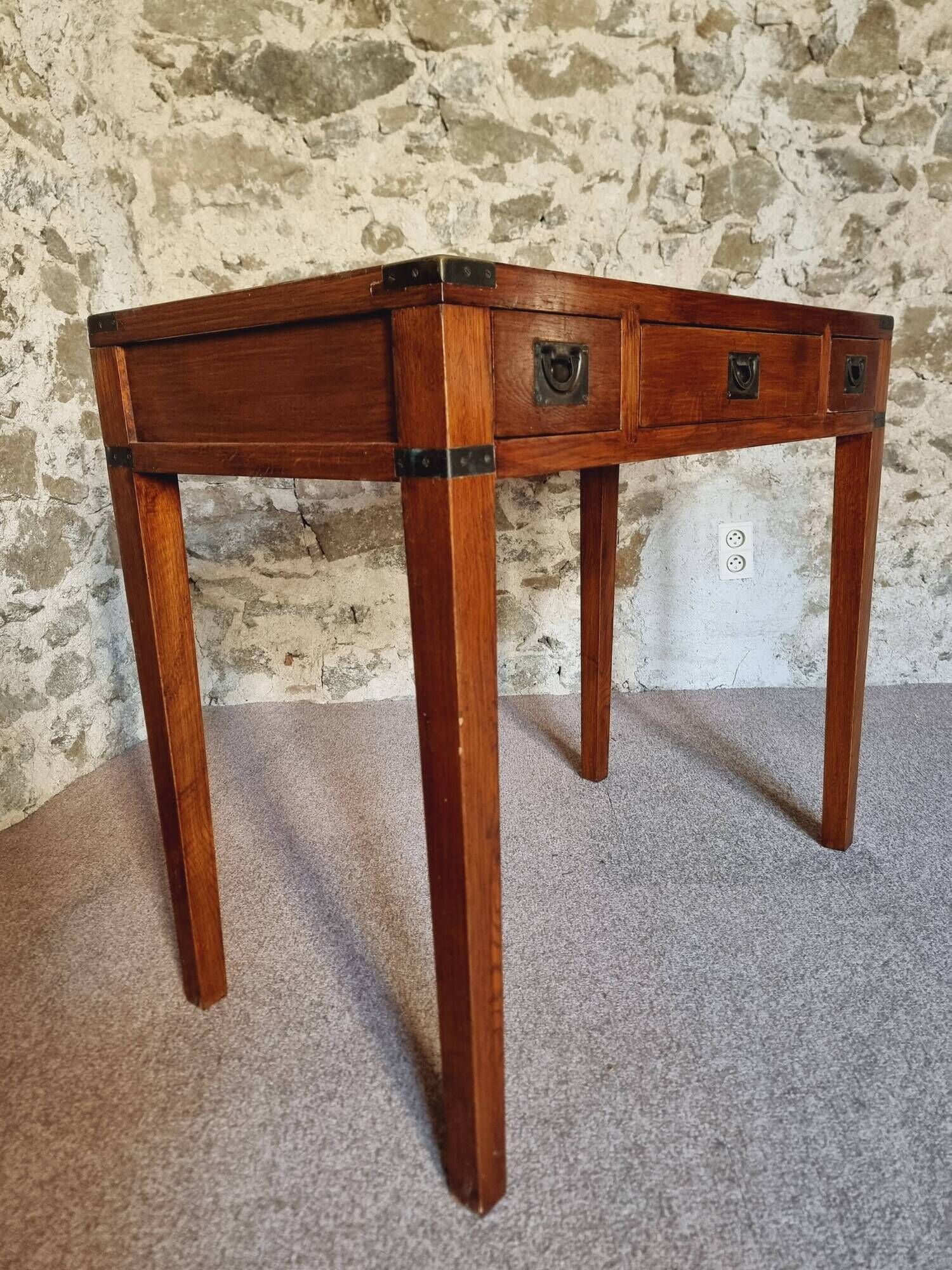 Vintage oak desk – 1970s – Green leather top and 3 drawers