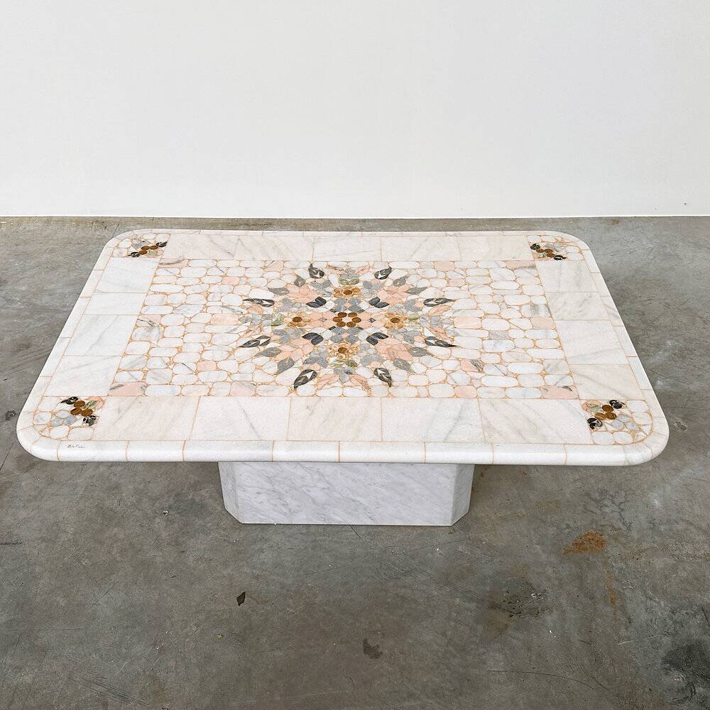 Large Italian pietra dura marble mosaic coffee table, floral inlay, Carrara marble