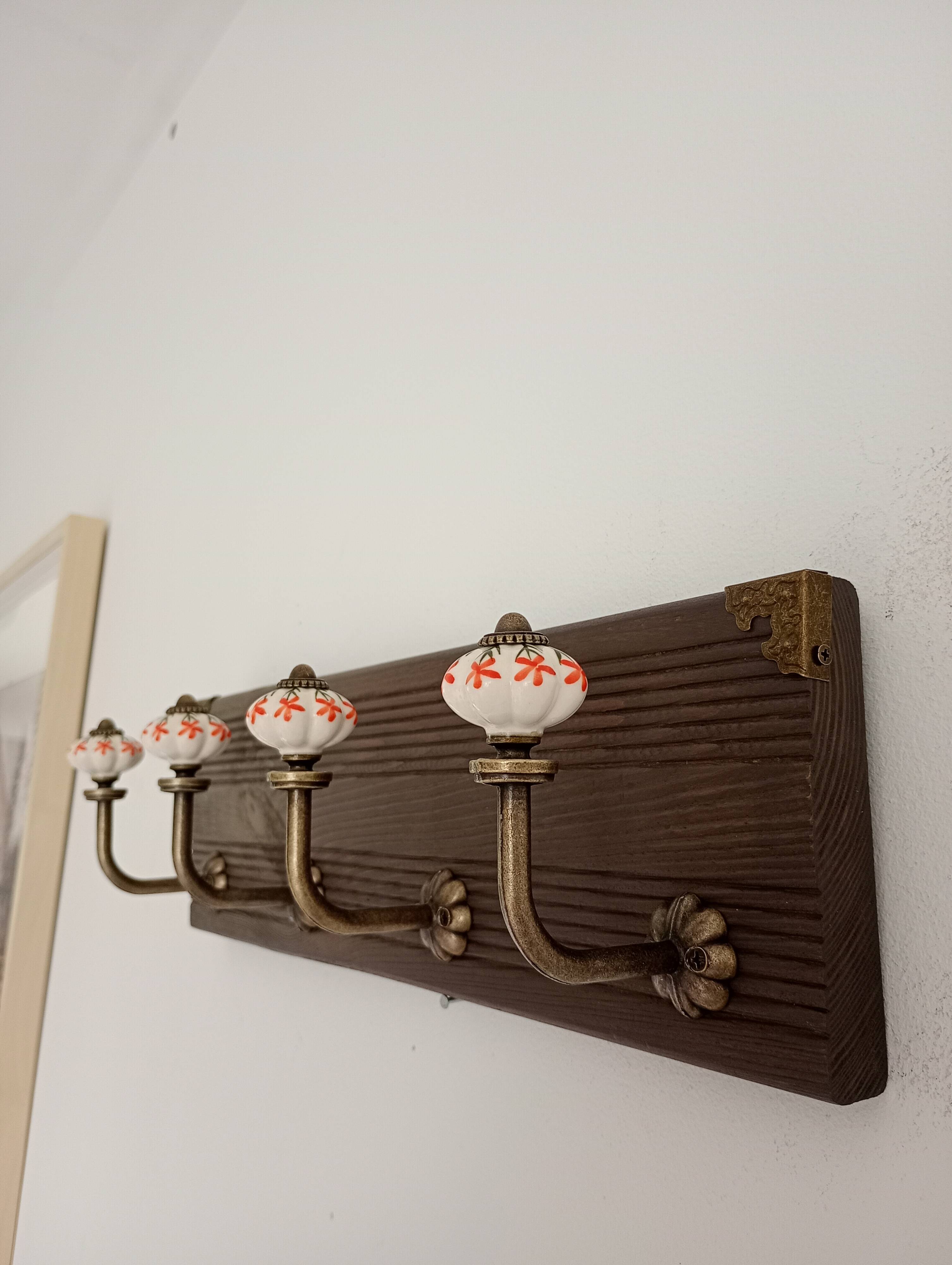 Wall-mounted coat rack wood metal ceramic 40 cm 4 hooks floral patterns