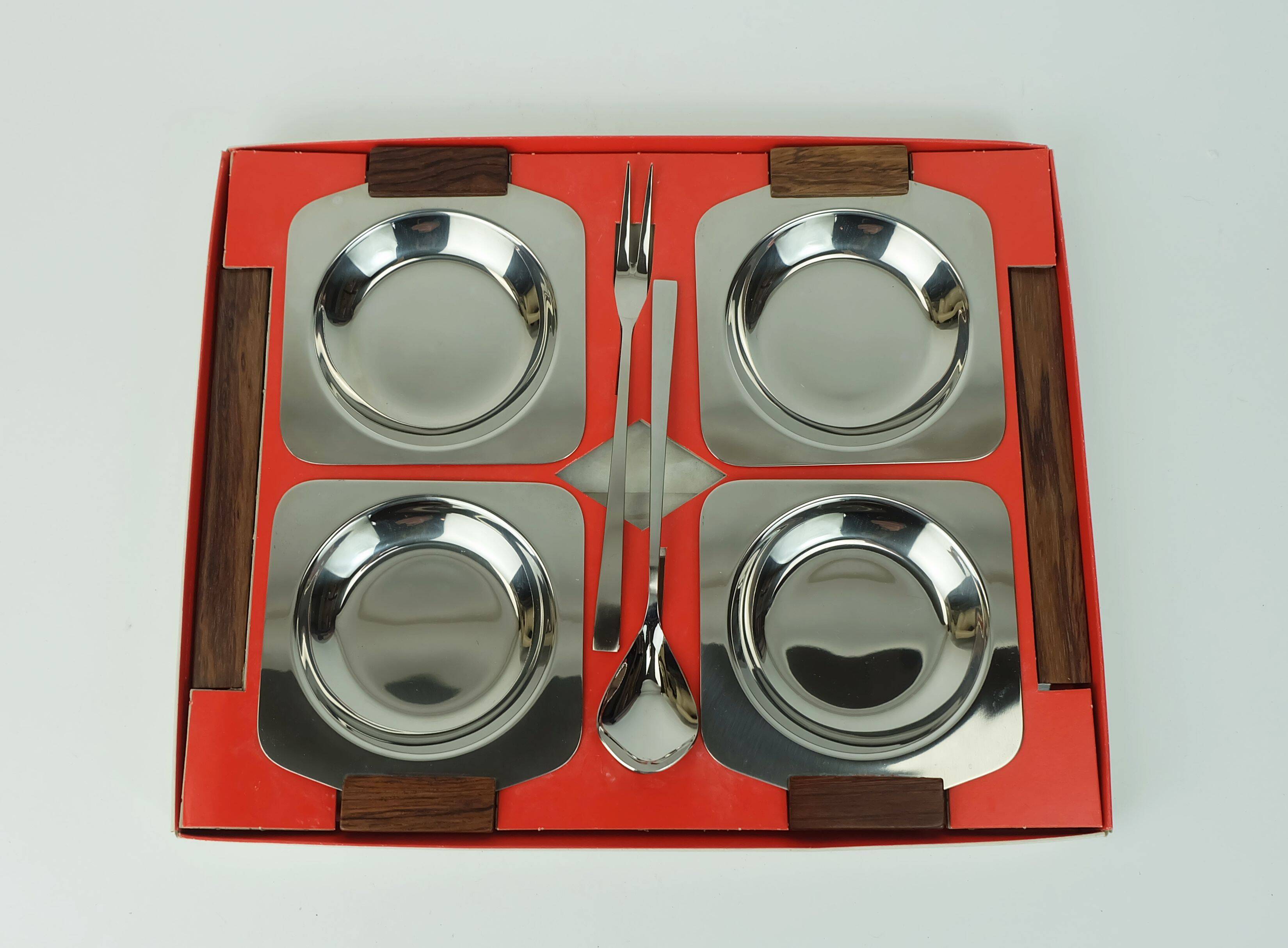 BOWL SET dip bowls party serving set stainless steel and wood 1960s