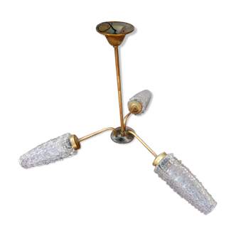 Lustre 3 branches laiton et verre ciselé