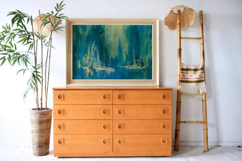 Vintage Danish enfilade in brown teak veneer, 1960s, mid-century design, 8 drawers.