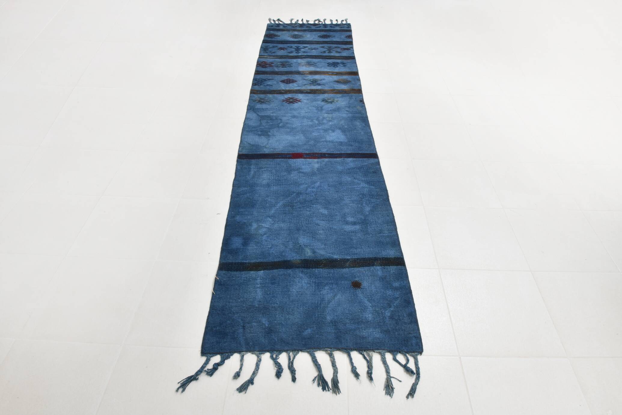 Blue Black Antique Turkish Runner Rug, 79x342Cm