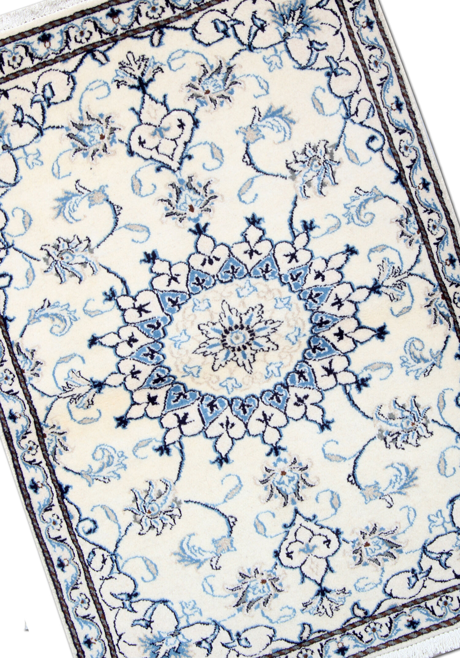 Blue cream oriental wool area rug handwoven traditional carpet- 88x131cm