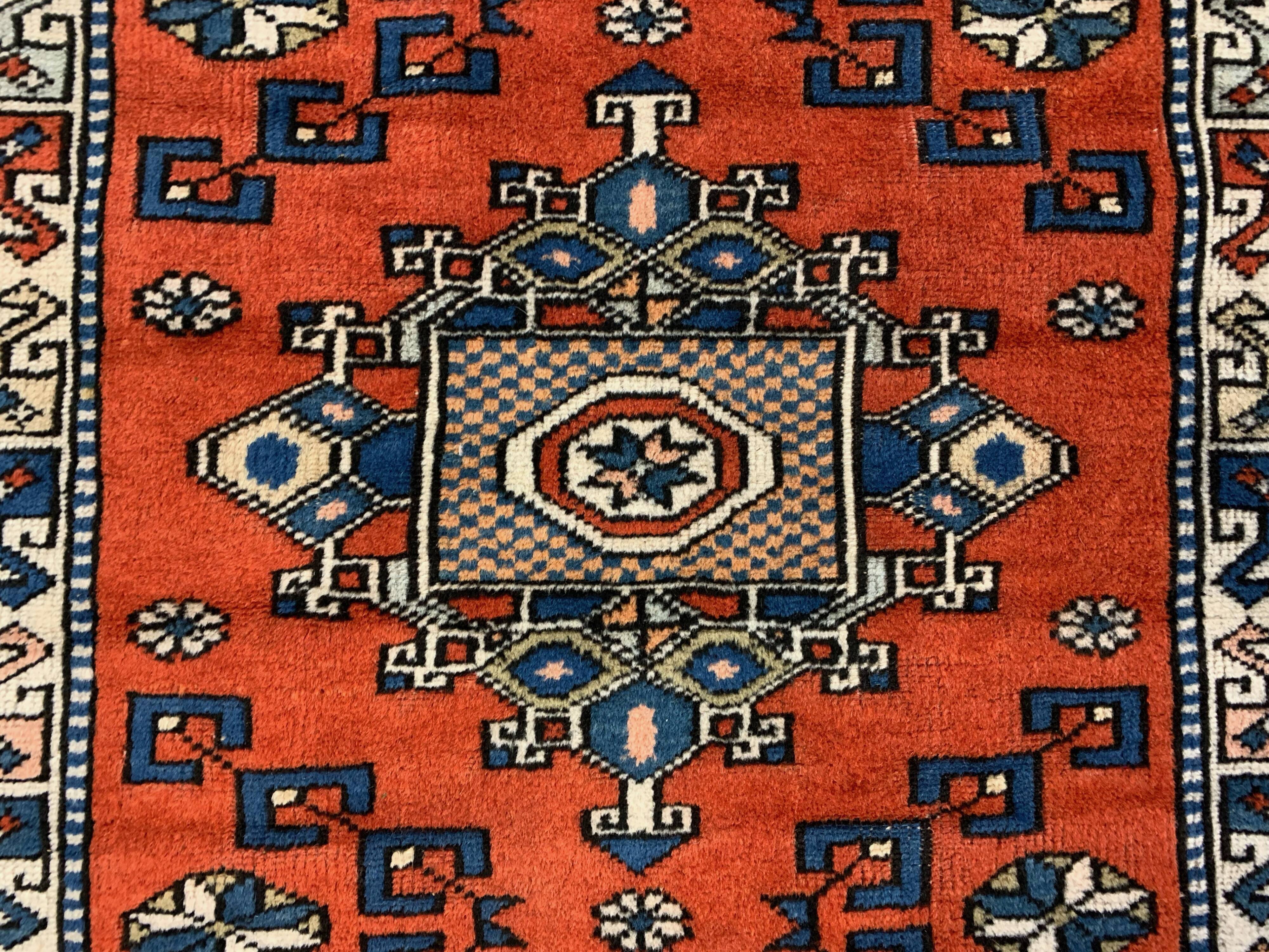 Old Turkish Kazak Rug Oriental 132x95 cm vintage tribal carpet, Red and Blue