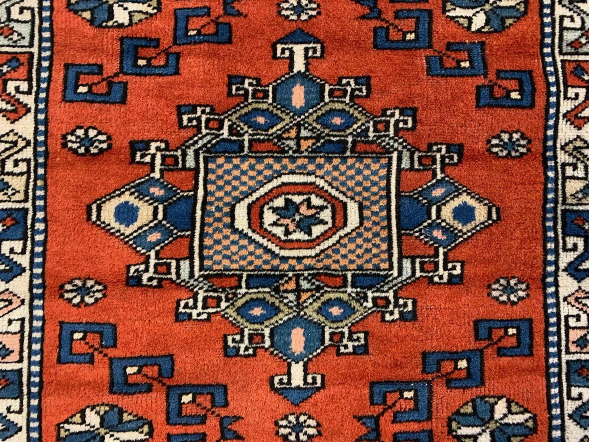 Old Turkish Kazak Rug Oriental 132x95 cm vintage tribal carpet, Red and Blue