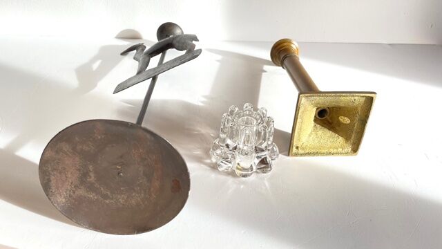 Trio de bougeoirs laiton cristal métal vintage