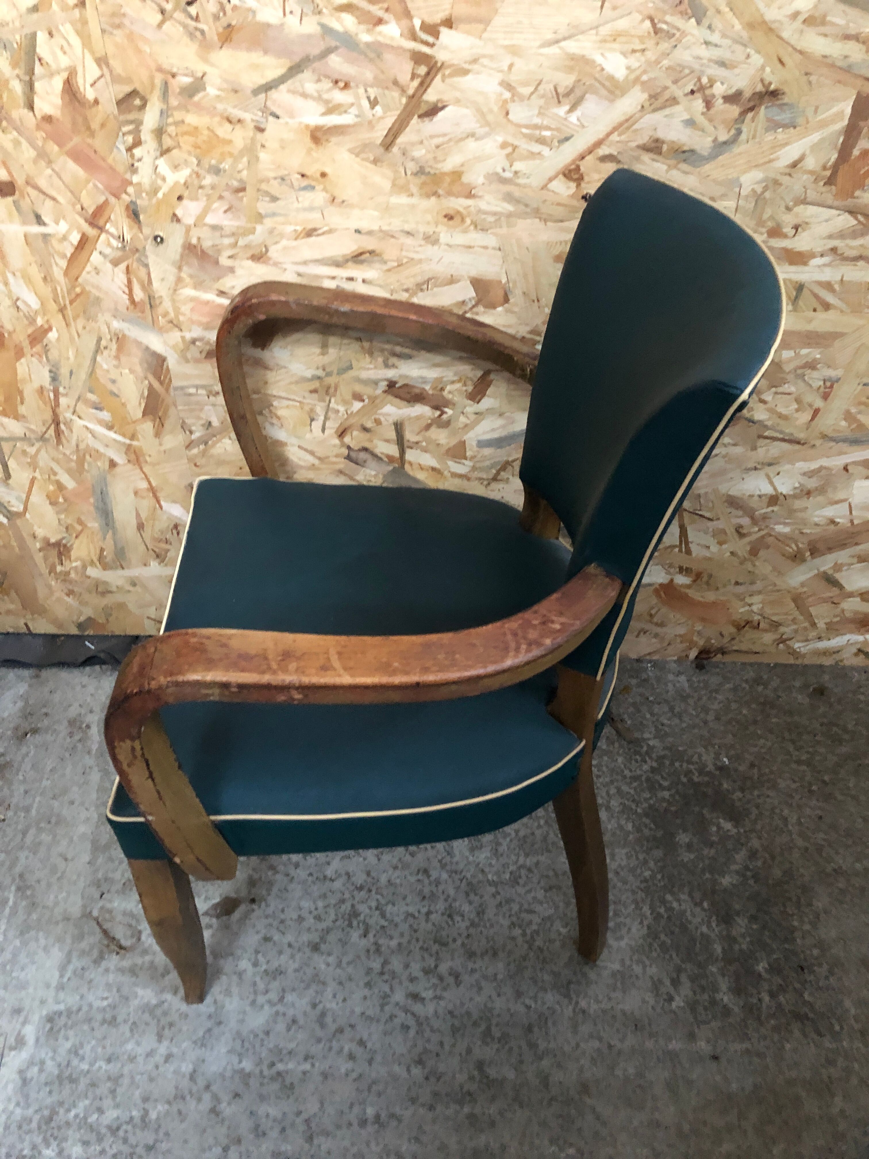 Old wooden bridge armchair + seat & back skaï vintage green