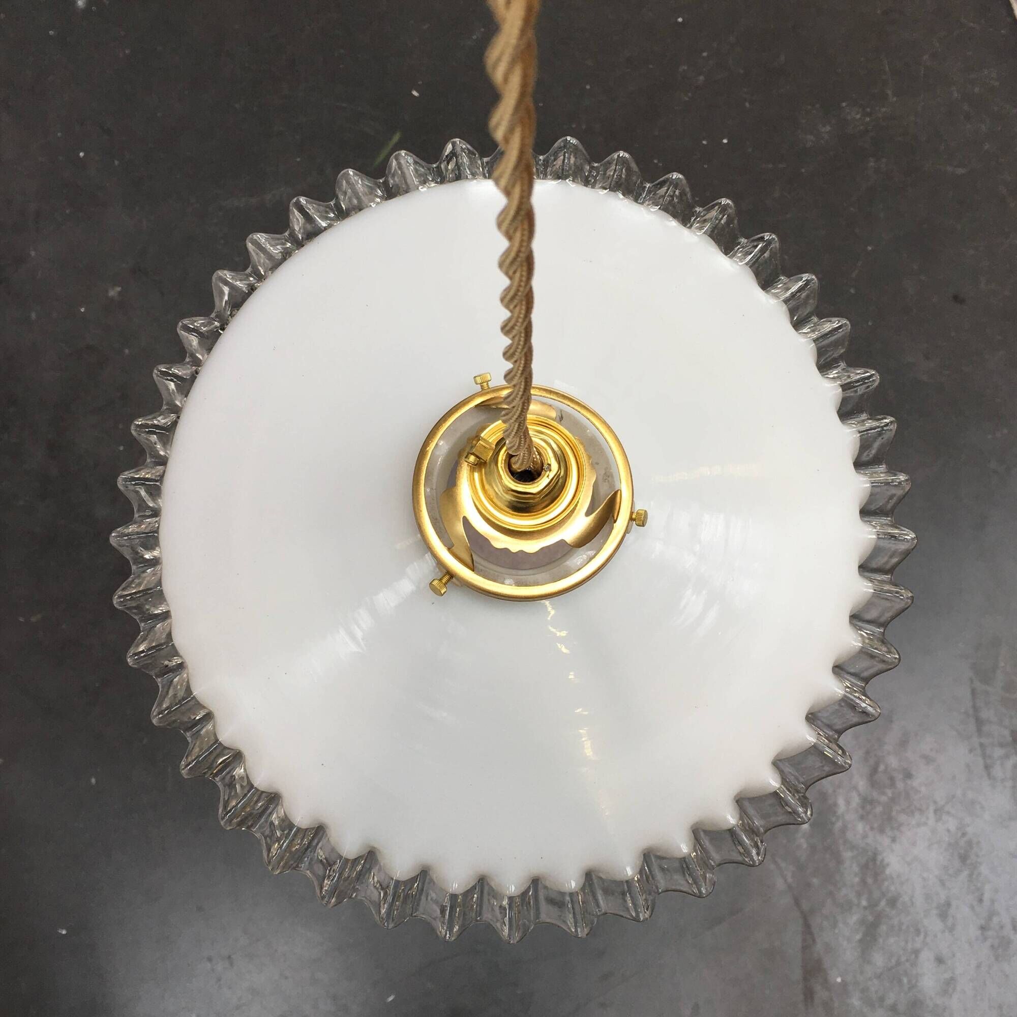 Pair of vintage white opaline pendant lamps with serrated edges