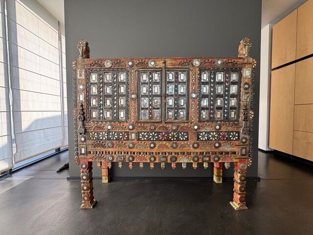 Antique wedding furniture from Rajasthan in carved wood, with inlays.
