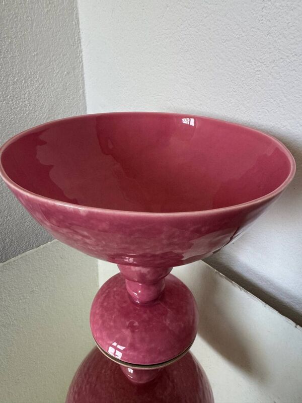 Grande coupe sur pied faïence Digoin rose