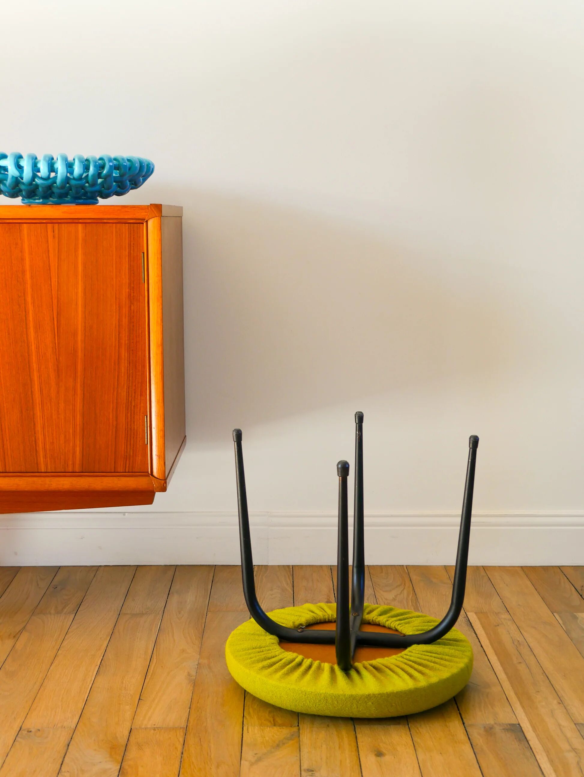 Black iron stool and boiled wool, green, 1960