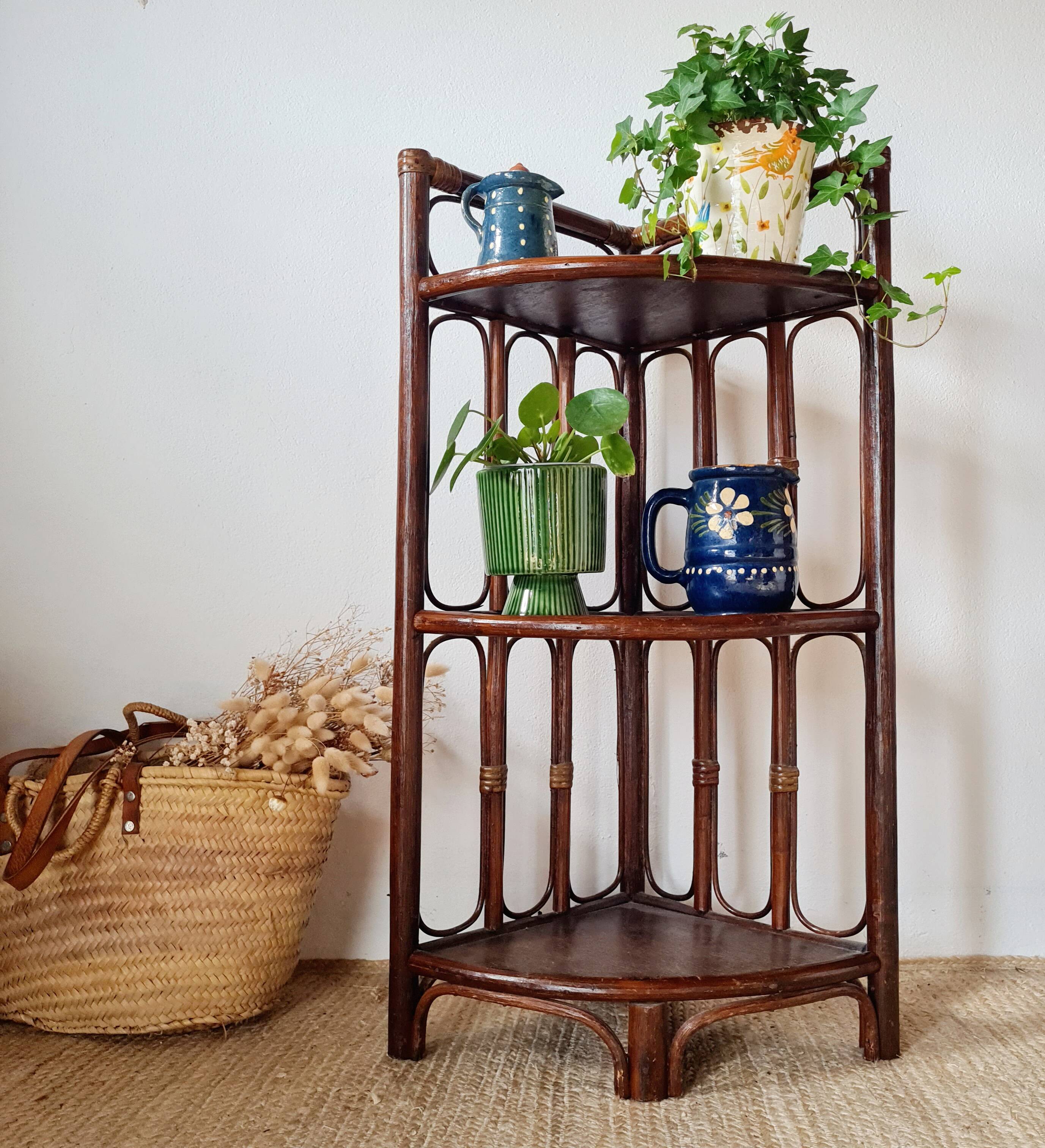 Vintage rattan corner shelf