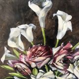 Oil on canvas still life roses and arums