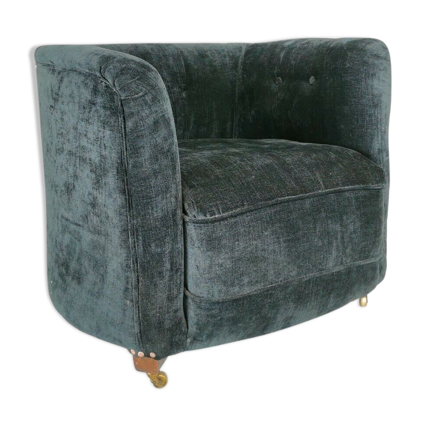 19th century black upholstered victorian tub chair on brass casters