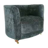 19th century black upholstered victorian tub chair on brass casters