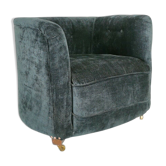 19th century black upholstered victorian tub chair on brass casters