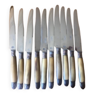 Set of 10 old horn/silver knives