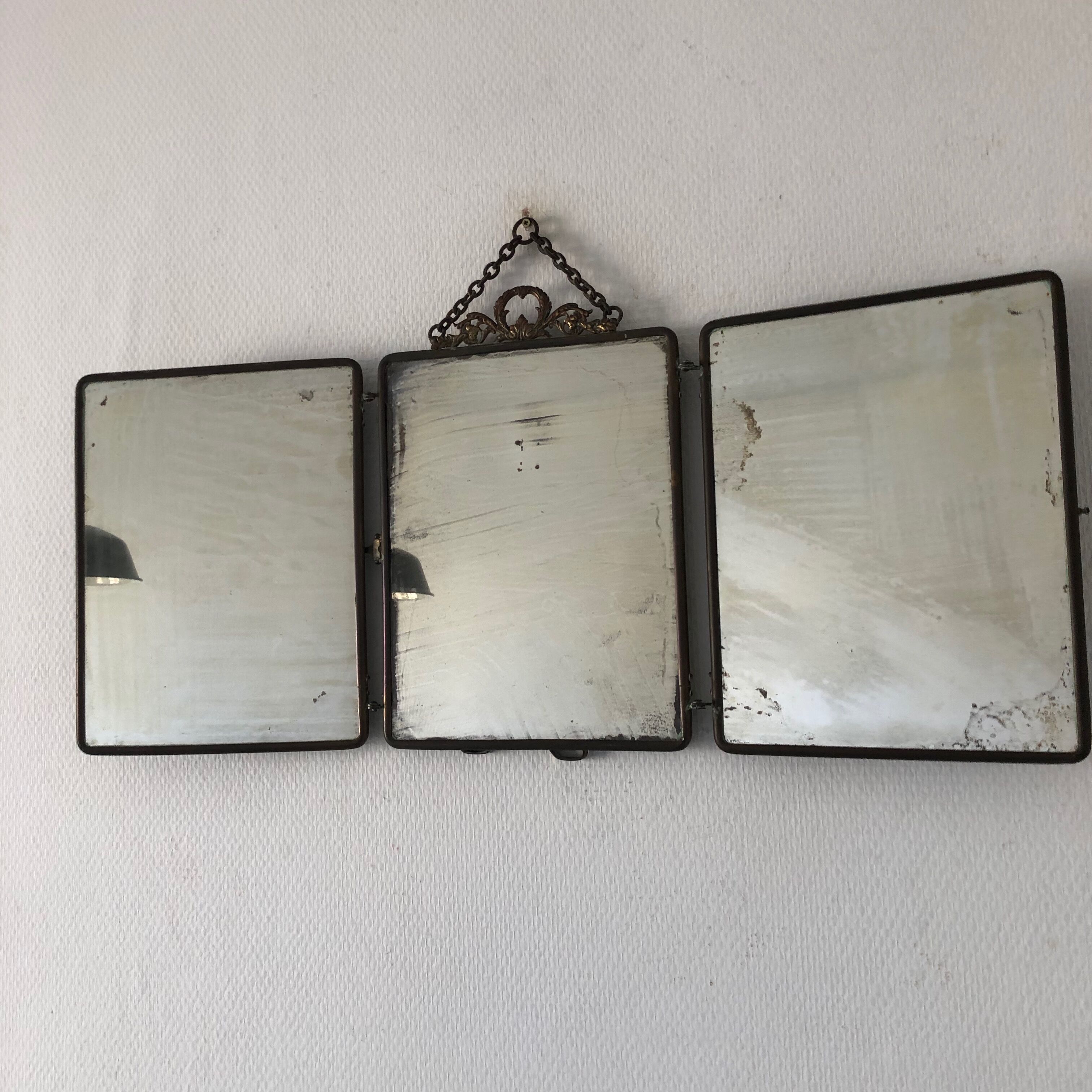Mirror triptych Barber brass nickeled vintage 1920, 28x67cm
