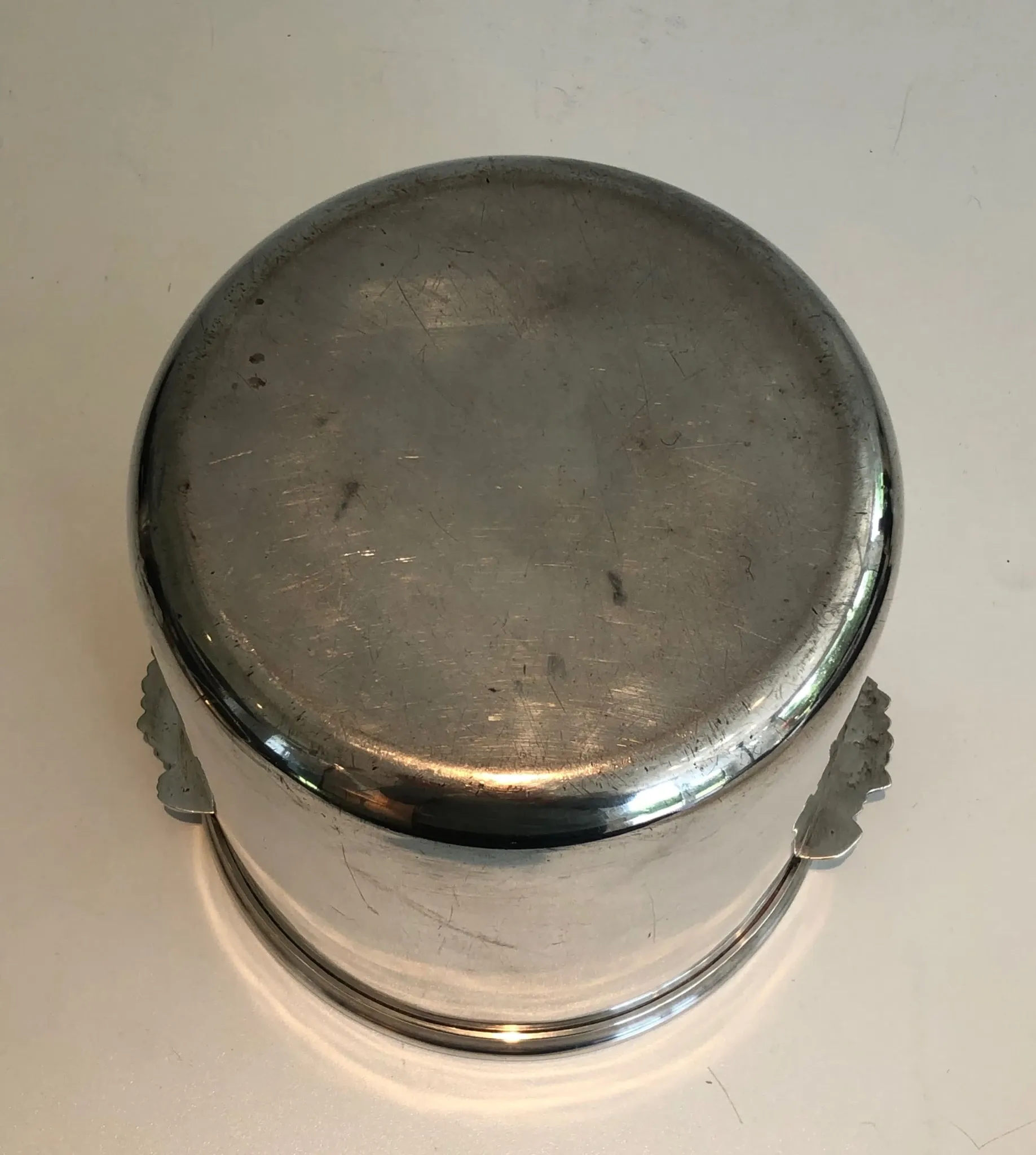 Cylindrical Silver-Plated Champagne Bucket with Small Leaf-Shaped Handles.