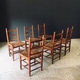 Low rustic ladder back dining chairs in oak and rush, Belgium, 1950s, set of 6.
