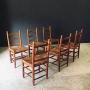Low rustic ladder back dining chairs in oak and rush, Belgium, 1950s, set of 6.
