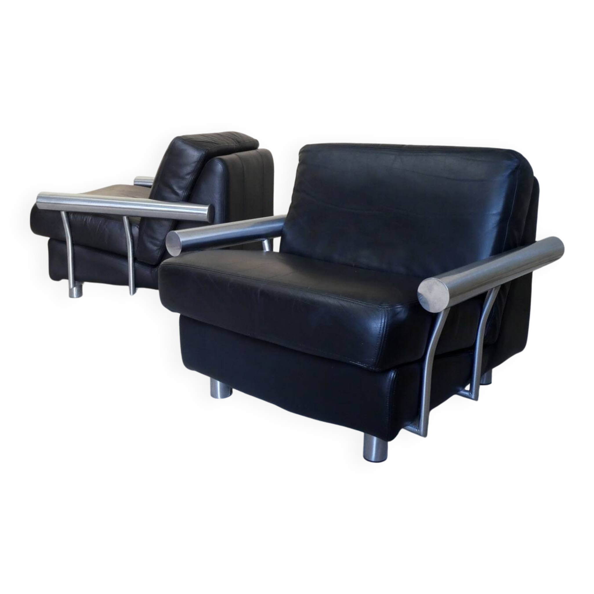 pair of armchairs, black leather & stainless steel, 1990