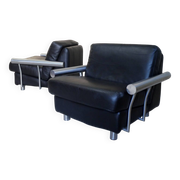 pair of armchairs, black leather & stainless steel, 1990