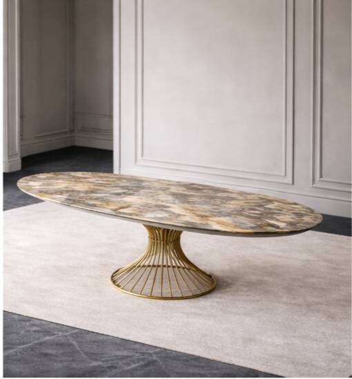 Extendable oval table in ceramic with marble effect and golden central base – Sty