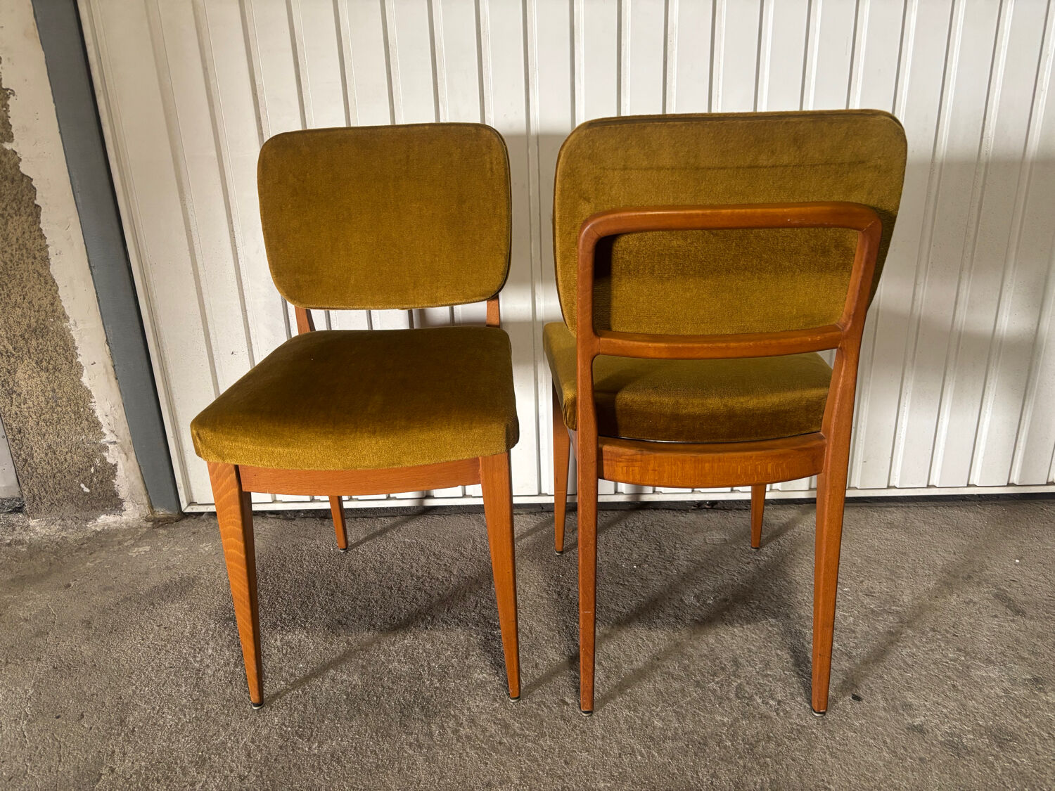 Pair of vintage 60s chairs – mustard velvet and splayed legs