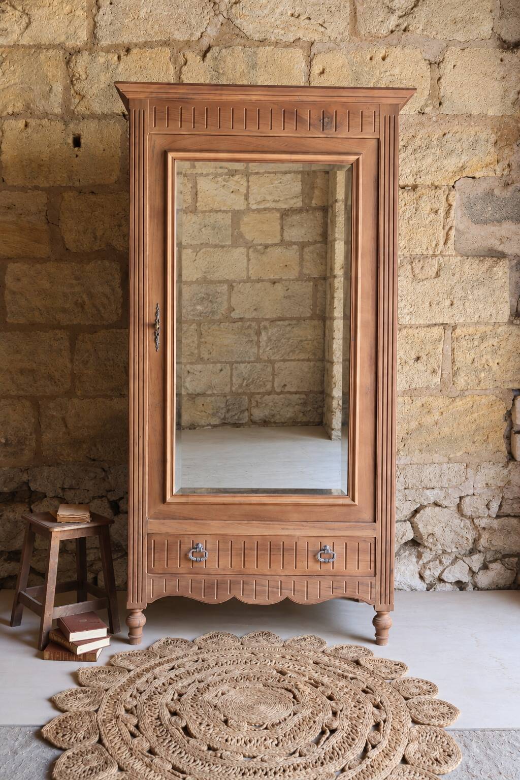 Antique walnut bonnetière with bevelled mirror.