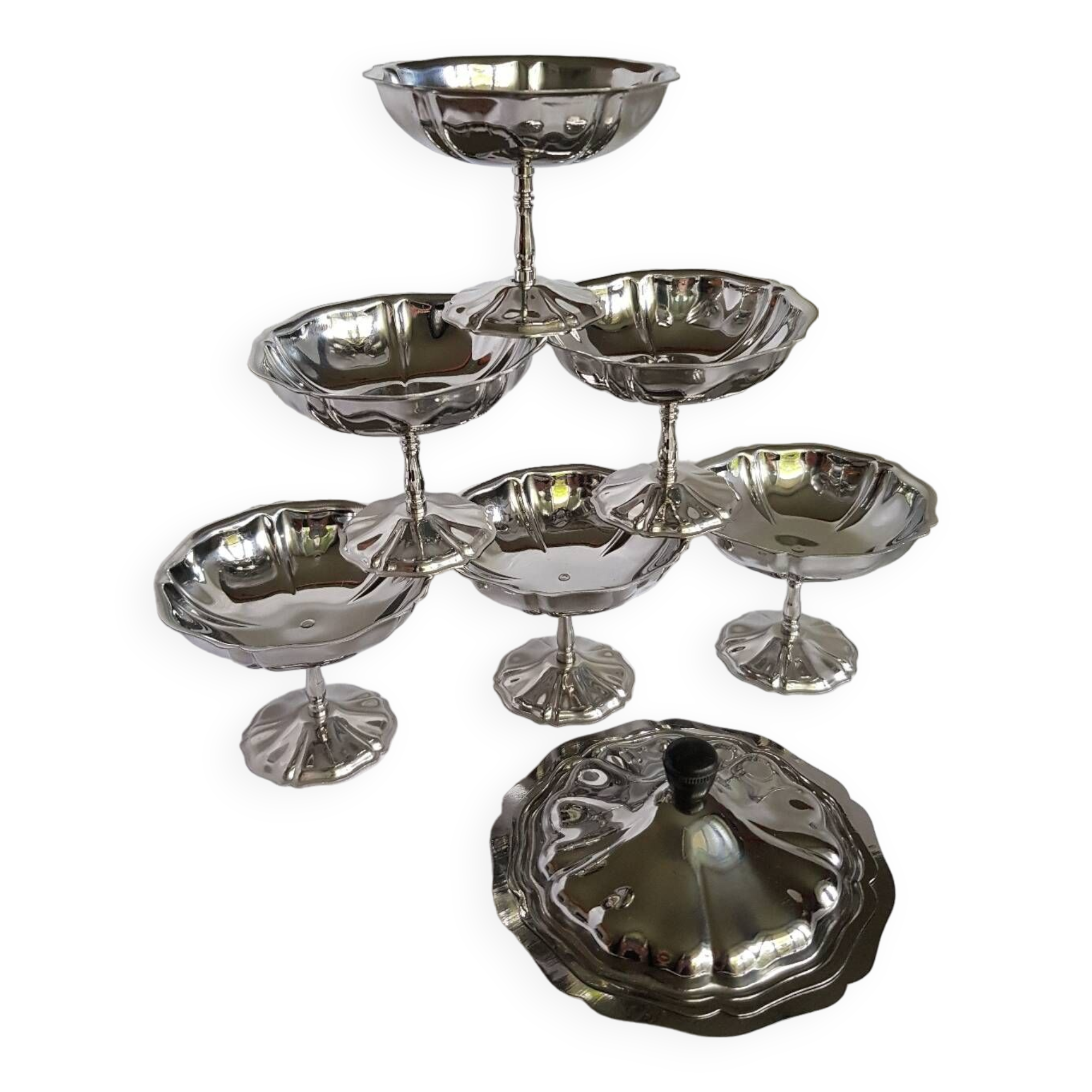 Coffret de 6 coupes à glace Guy Degrenne en inox avec bol assorti