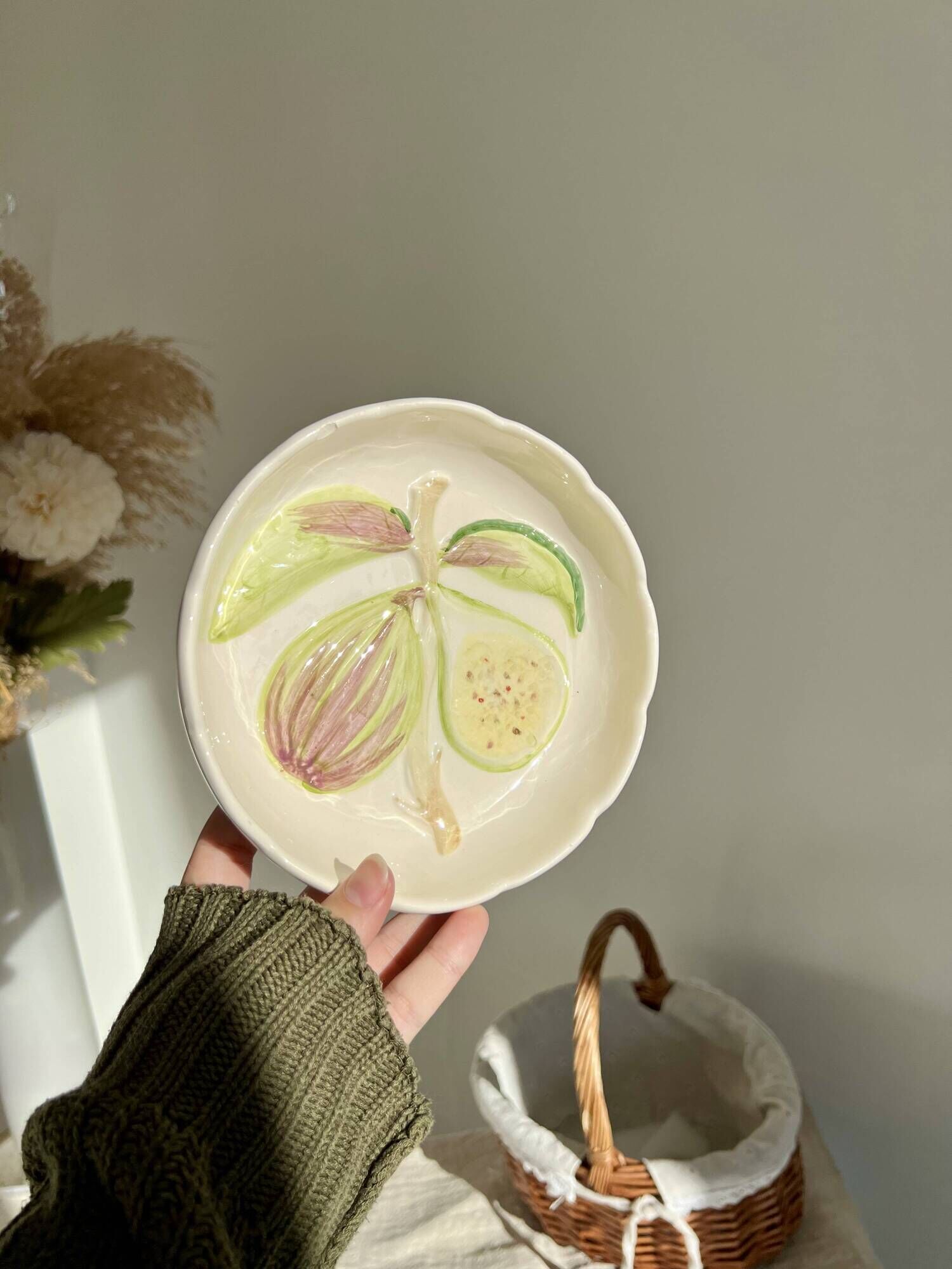 Pair of vintage hollow dessert plates in hand-painted slip, peach and fig fruit pattern