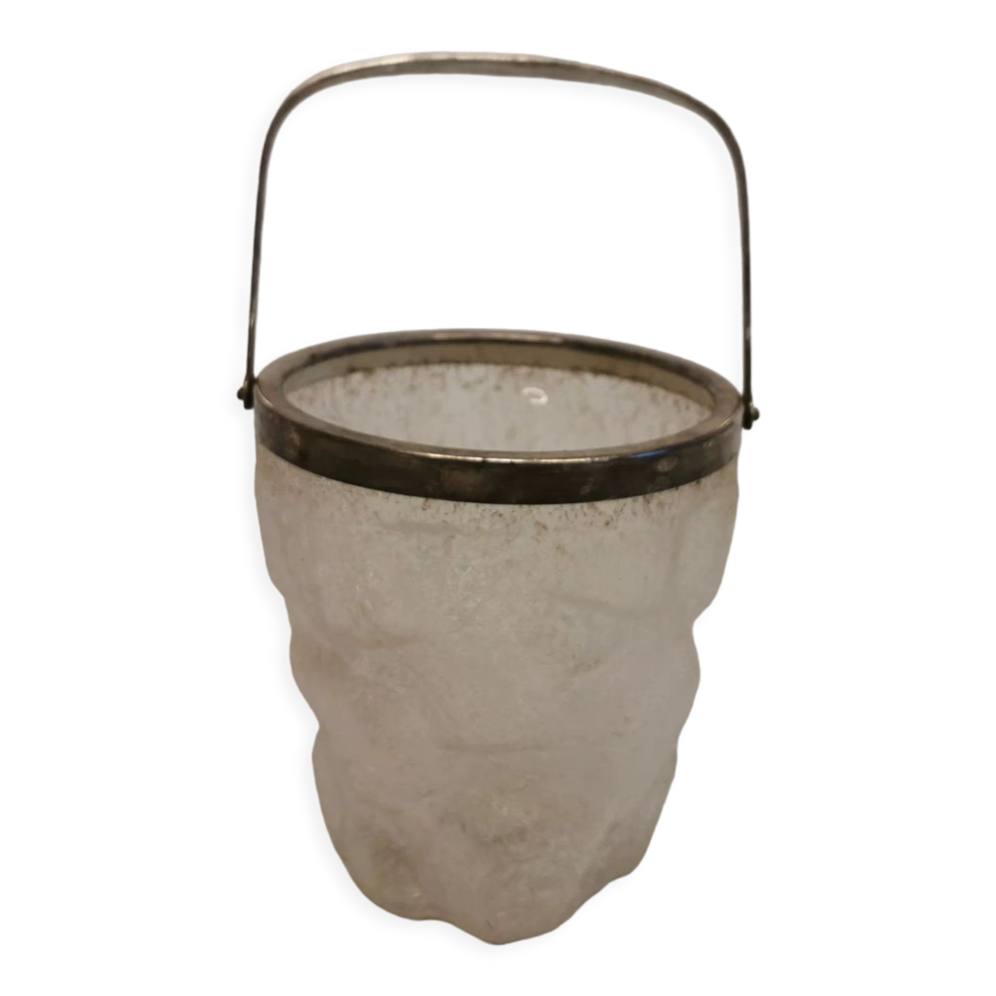 Old, vintage and super delicious ice bucket in frosted glass with stain silver/metal ring and handle
