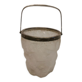Seau à glace vieux, vintage et super délicieux en verre dépoli avec anneau et poignée en argent teinté, métal