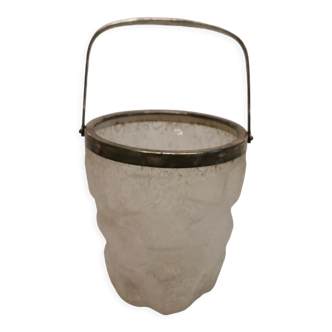 Old, vintage and super delicious ice bucket in frosted glass with stain silver/metal ring and handle