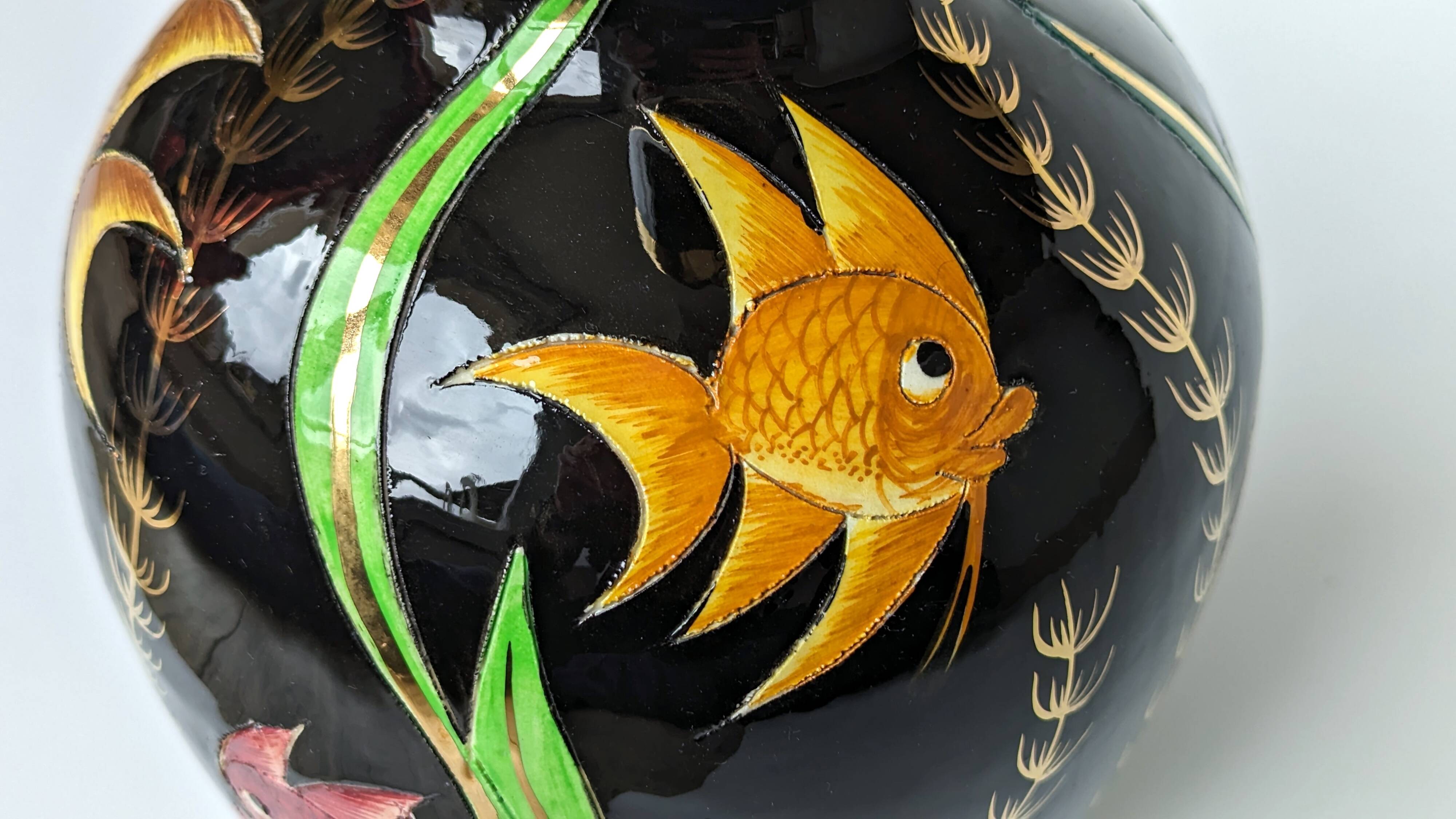 Large pitcher / Monaco vase in polychrome earthenware with bas relief decoration of fish on a seabed
