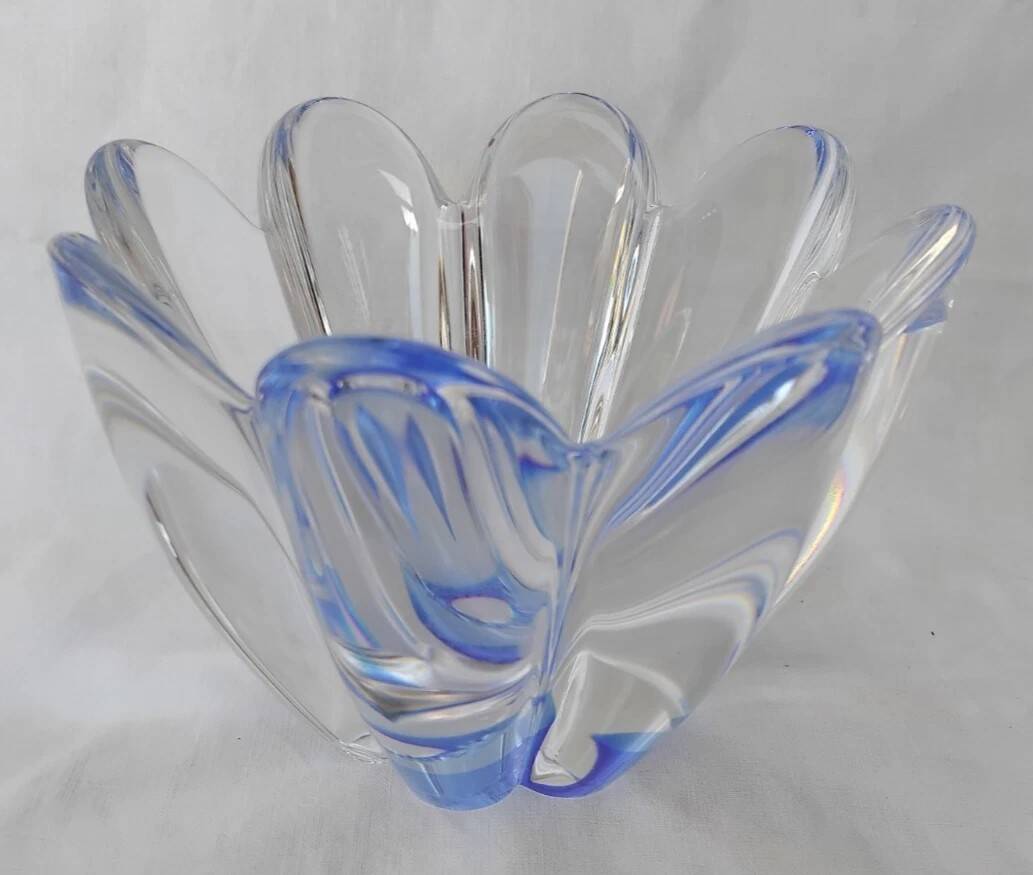 Orrefors Mayflower - Vase 8 Pétales De Cristal Reflets Bleus Vintage