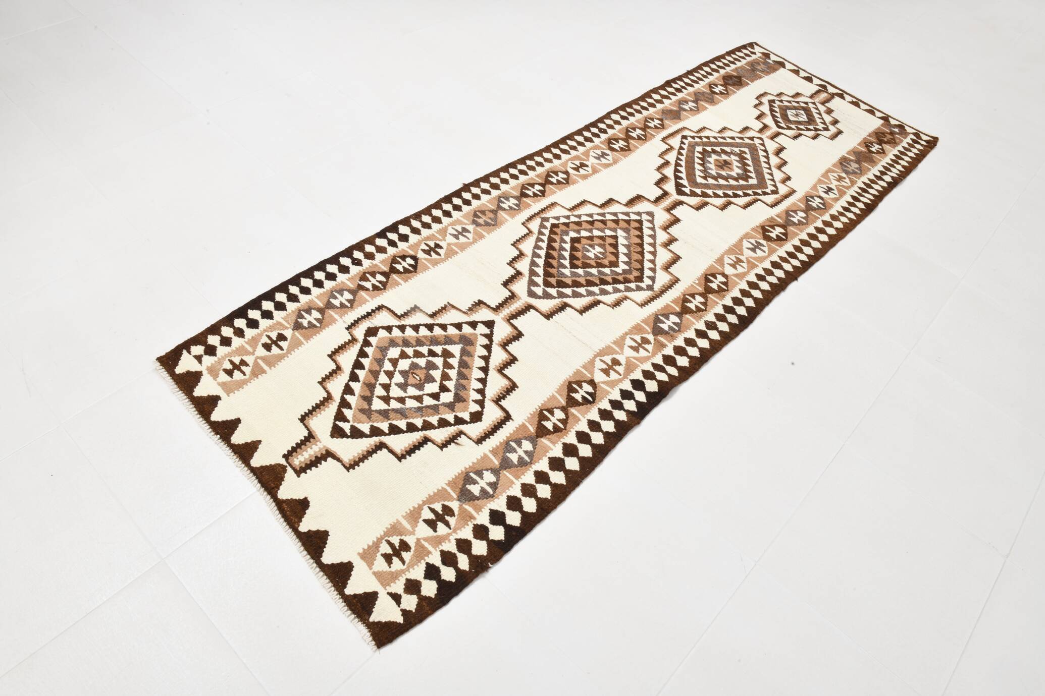 Vintage Dark Brown & Beige Classic Kilim Runner Rug, 86x252Cm