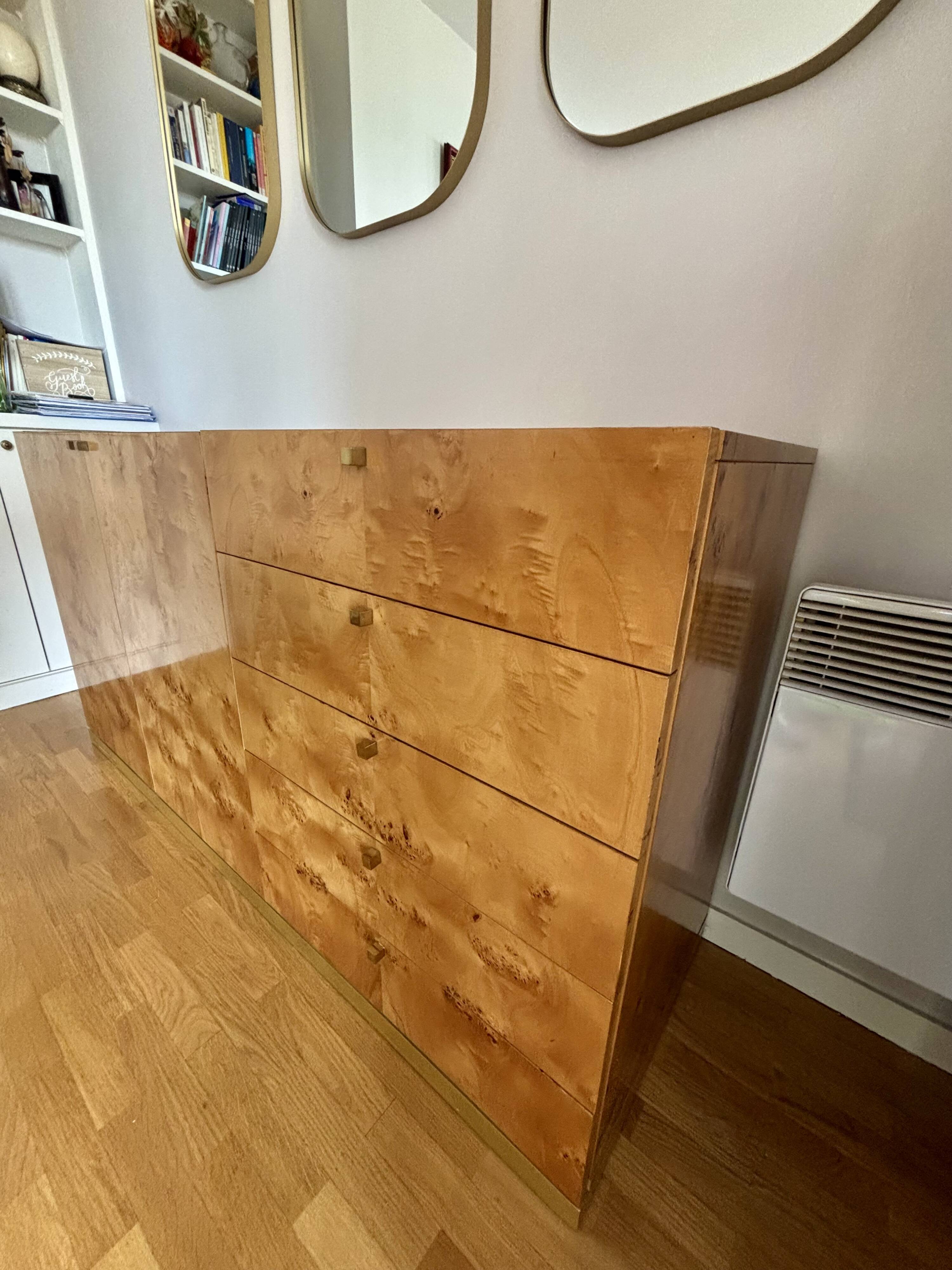 Vintage sideboard in burl wood and gilded brass