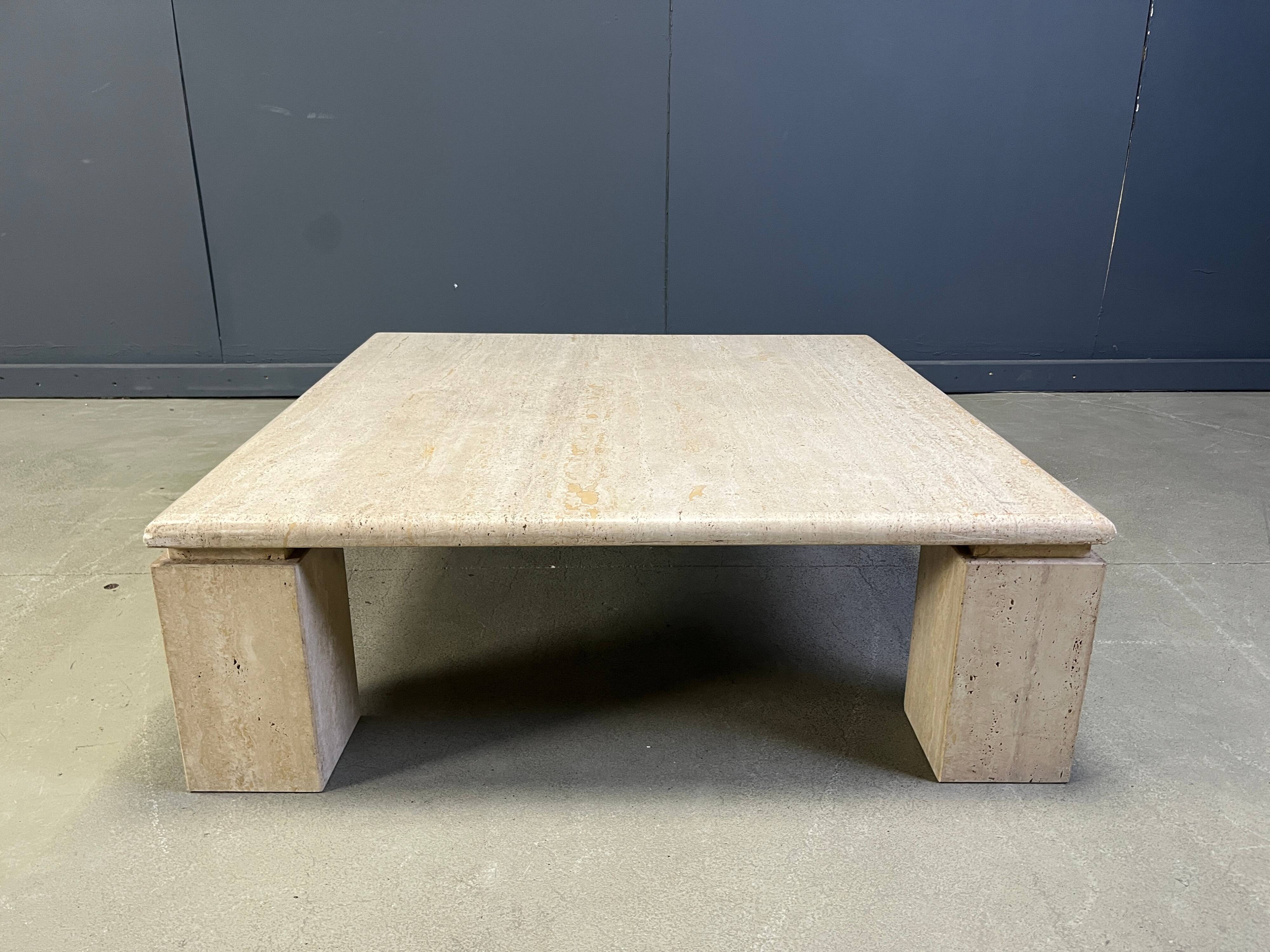 Vintage square four legged travertine coffee table, 1970s