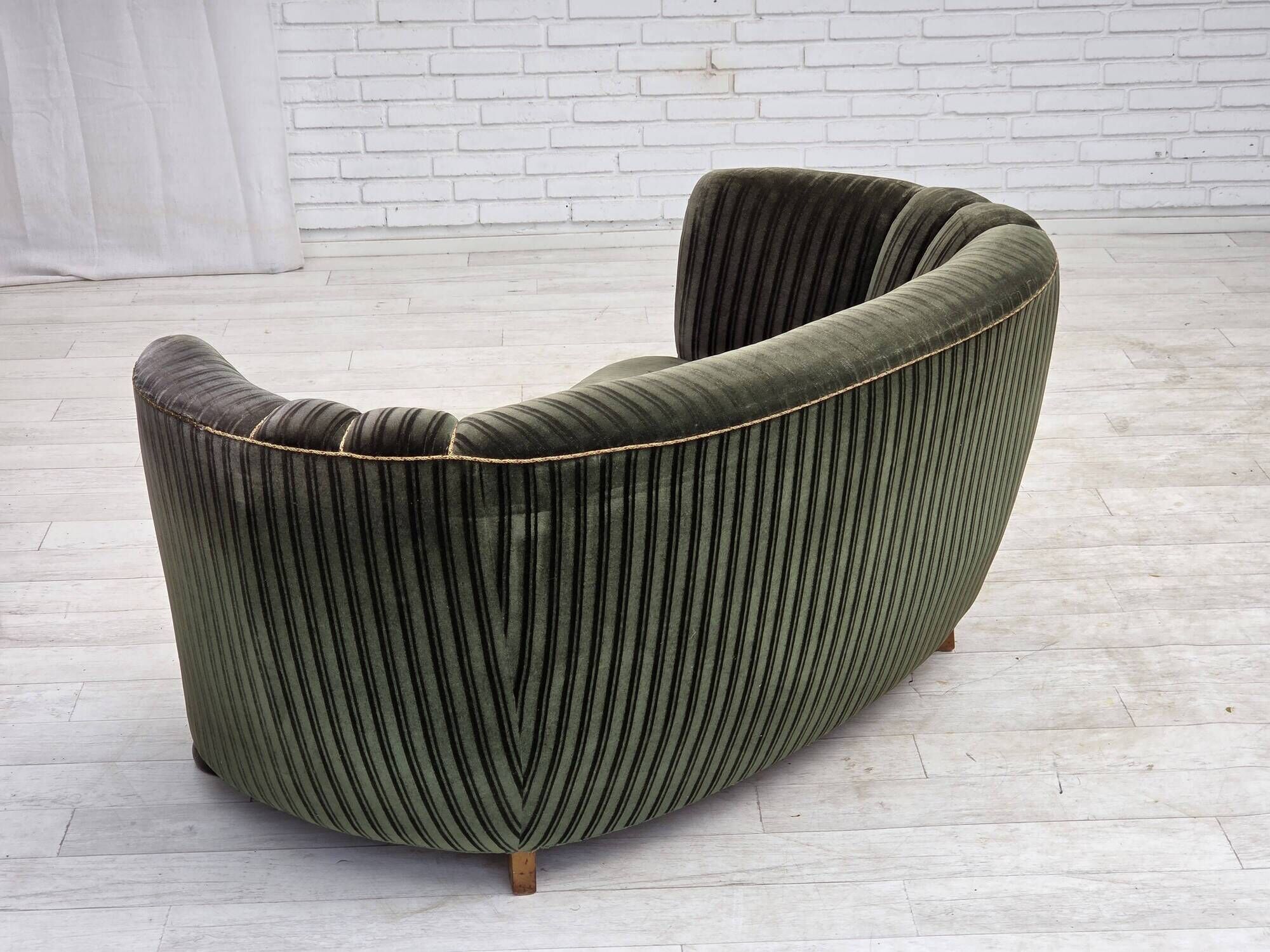 1960s, Danish 2-seater curved sofa, furniture velour, oak wood.