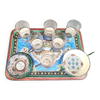 Antique tea service, Persian work, Baccarat crystal, enamels on copper