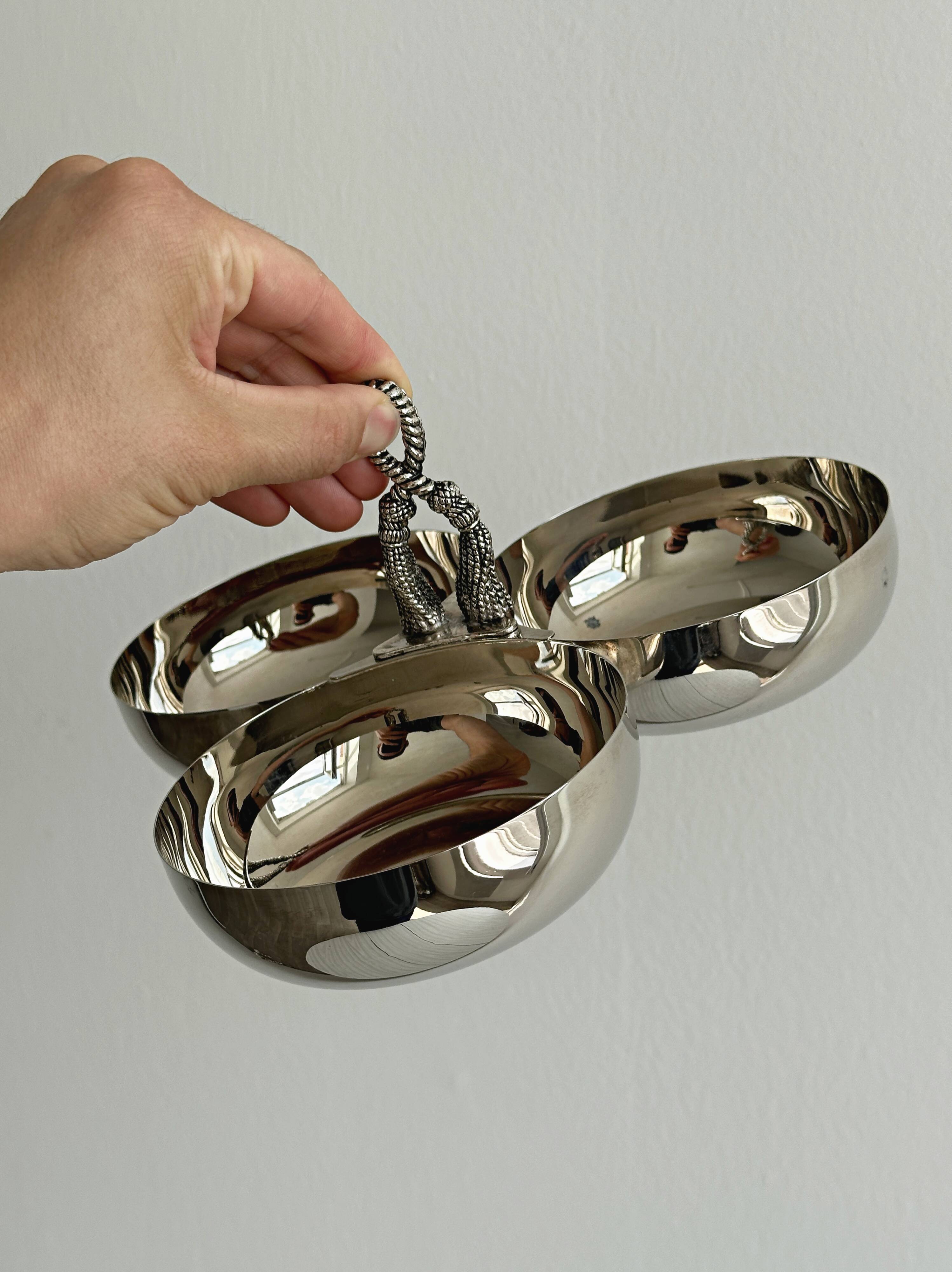 Silver stainless steel three-part serving platter