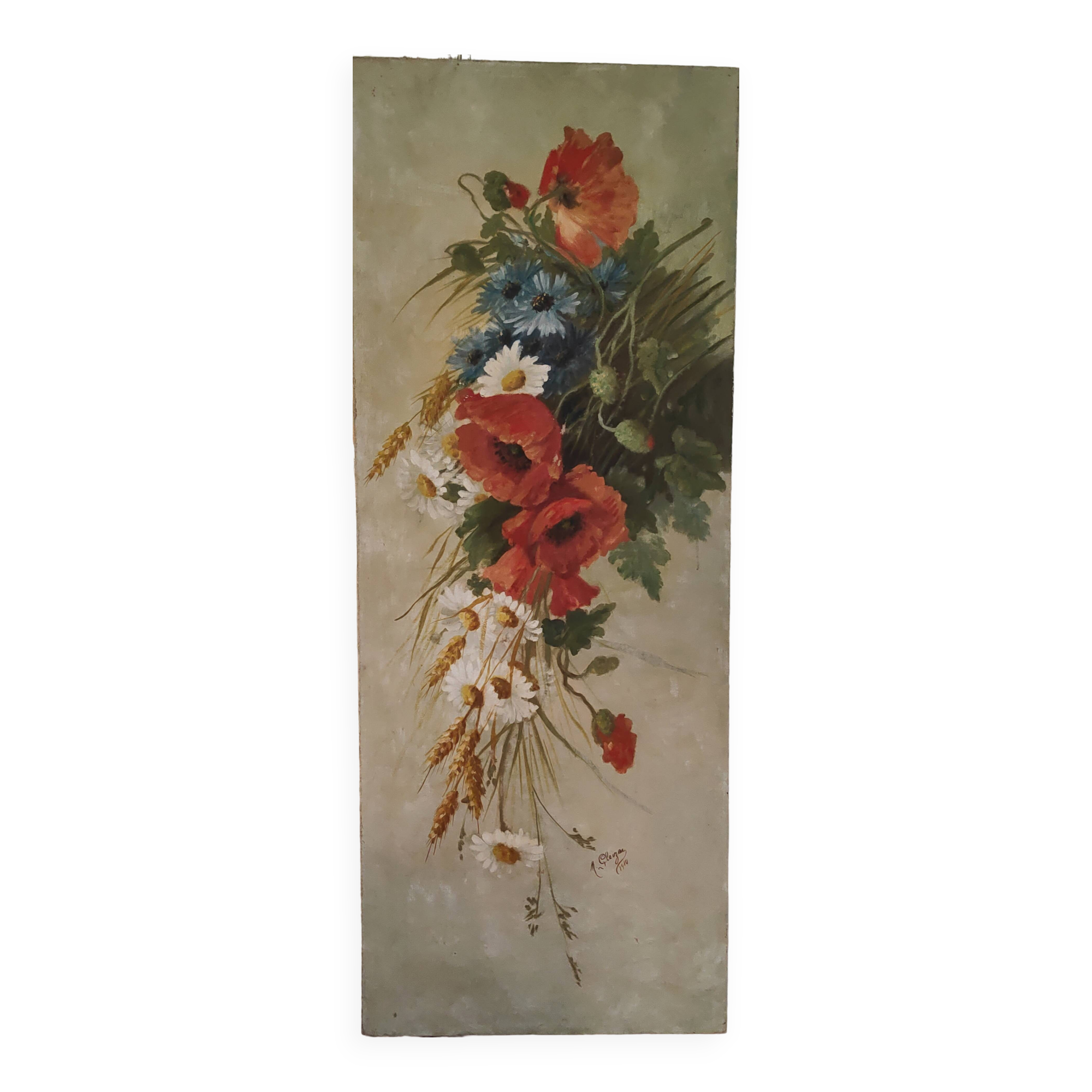 Oil painting on canvas "Country spray with poppies" 1910 signed