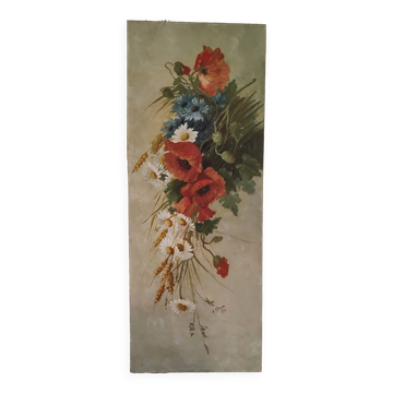Peinture à l'huile sur toile "Gerbe champêtre aux coquelicots" 1910 signé