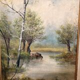Oil Painting Canvas Shepherd Lake Cow River Fishing Landscape PATRY
