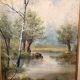 Tableau Peinture Huile Toile Berger Lac Vache Rivière Pêche Paysage PATRY