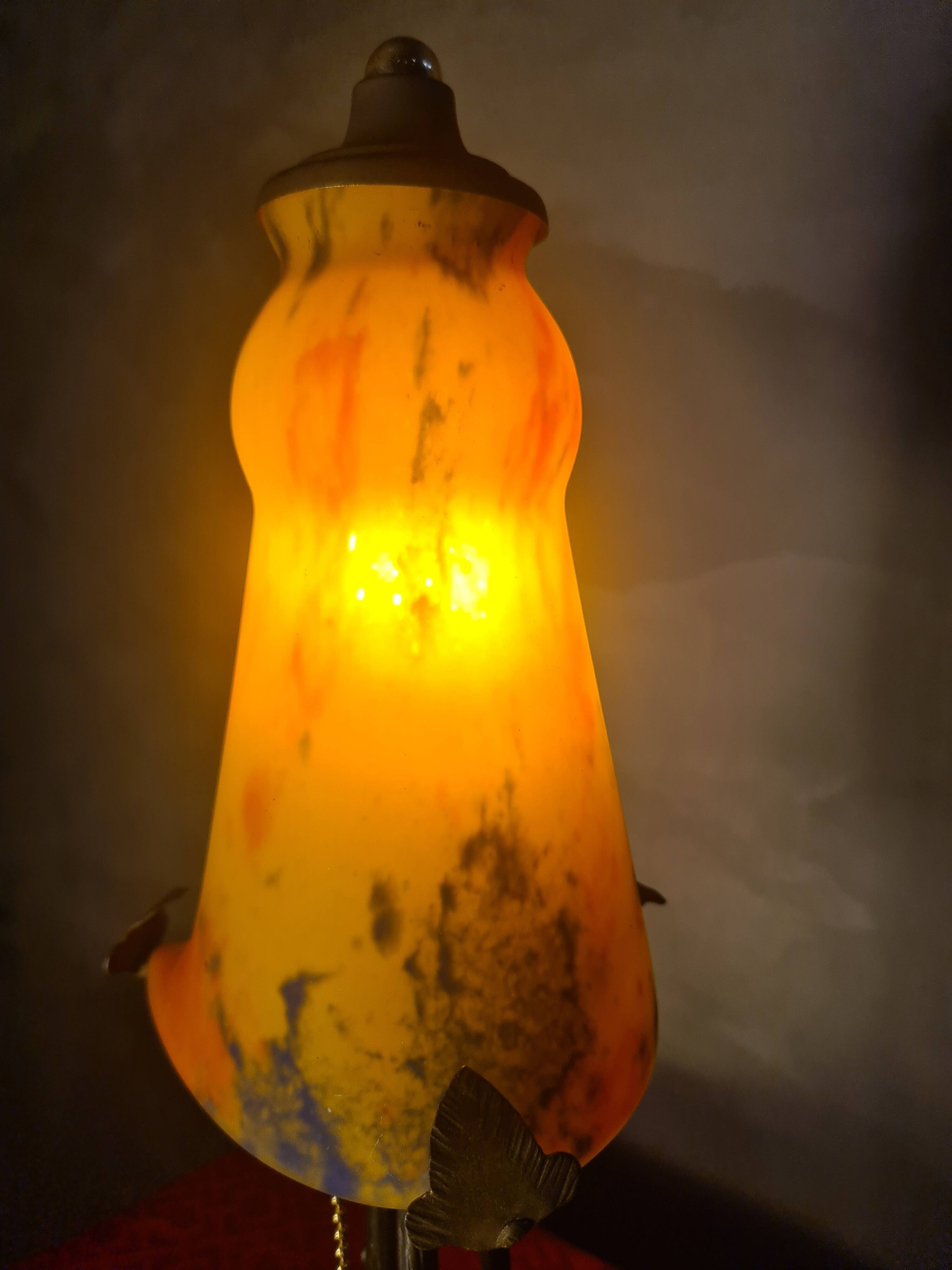antique wrought iron lamp from 1900 at 40 with a very large glass paste shade 45