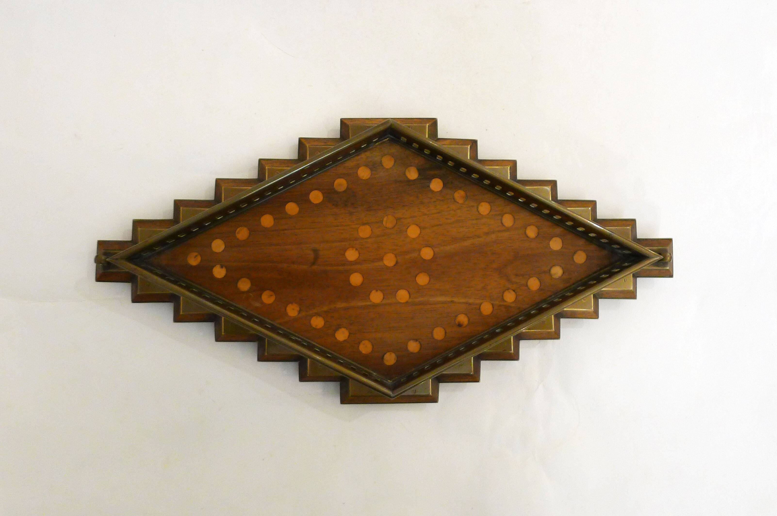 Diamond-shaped wood and brass tray